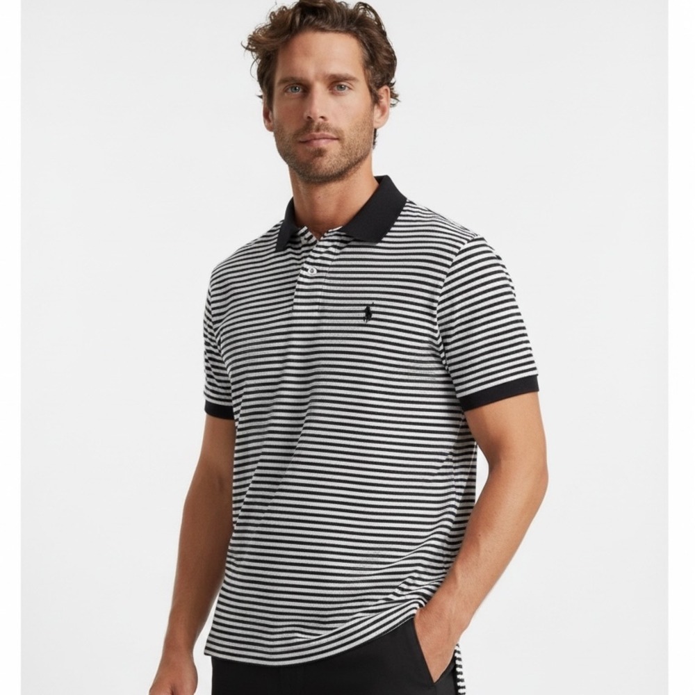 Polo Ralph Lauren Mens Custom Fit Striped Polo Shirt Black White Cotton Large